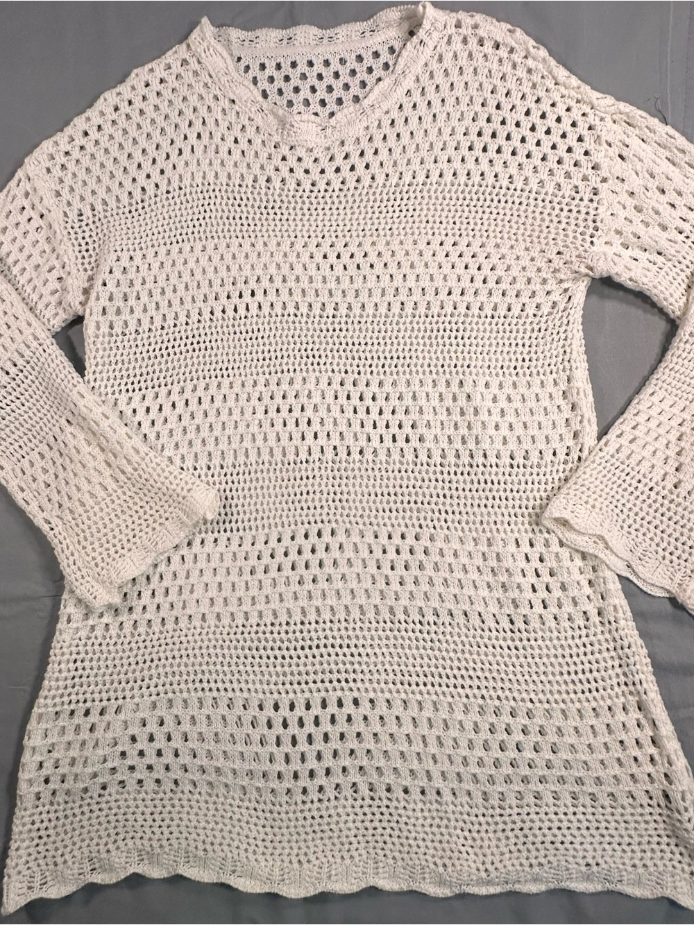 Open-Knit Scoop Neck Sweater Tunic - Cream crocheted, romantic cottage core Y2K